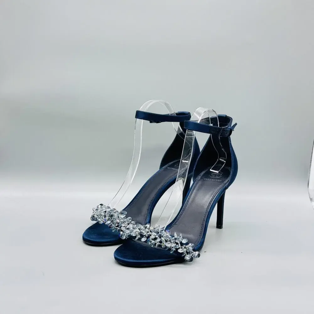 Tory Burch Navy Blue Crystal Embellished Ankle Strap Heels